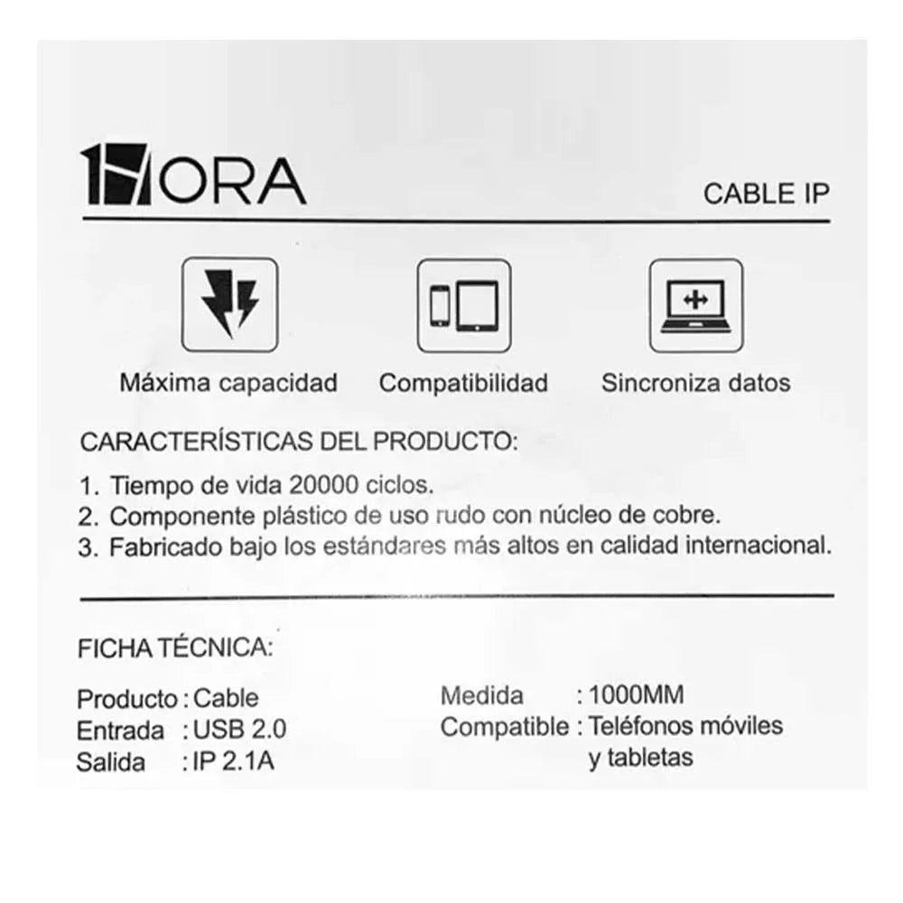 Cable 1HORA USB-A a Lightning 1m - Blanco