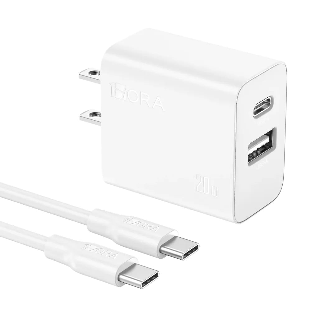 Combo Cargador 1 Hora 20W USB-A y USB-C con Cable - Blanco